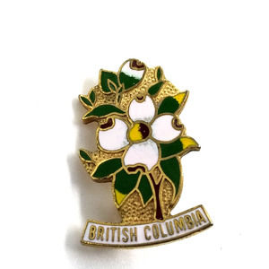 VTG British Columbia Dogwood Flower Gold Tone Enamel Pin Brooch Canada Souvenir